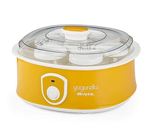 Ariete Yogurtera 617 de 1.3 litros, 7 tarros de cristal, tapa transparente, botón encendido apagado, compacta, 12 horas preparación, color amarillo blanco