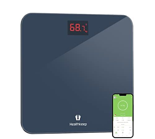 Báscula de Baño Digital, Báscula Inteligente de Alta Medición Precisa 180kg/ 400lbs/ 28st, con Tecnología Step-On, Vidrio Templado de 5mm, Gran Pantalla LCD Retroiluminada (Gris)