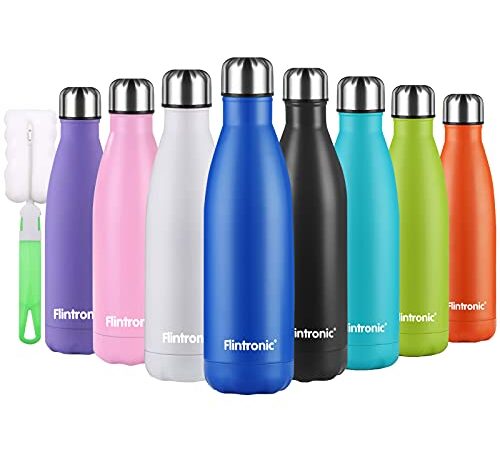 flintronic Botella Termica, 500ML Botella de Agua de Acero Inoxidable, Aislamiento de Vacío de Doble Pared, Botellas de Frío/Caliente Sin BPA & Eco Friendly, con 1 Portavasos y 1 Cepillo