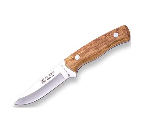 Joker Cuchillo Bushcraft Enterizo Arrui 10" CO60, Hoja de 10 cm, Mango de Madera de Olivo, Incluye Funda de Cuero marrón, Herramienta de Pesca, Caza, Camping y Senderismo