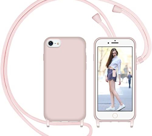 Nupcknn Funda Silicona Líquida con Cuerda para iPhone 7/8/iPhone SE 2020, Carcasa Suave Silicona Case con Correa Colgante Ajustable Collar Correa de Cuello Cadena Cordón(Oro Rosa)