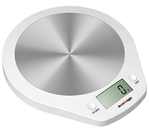 ACCUWEIGHT Báscula de Cocina Digital Balanza Alimentos Electrónica con Plataforma de Acero Inoxidable para Peso de Comida, 5 kg/11lbs, Blanco