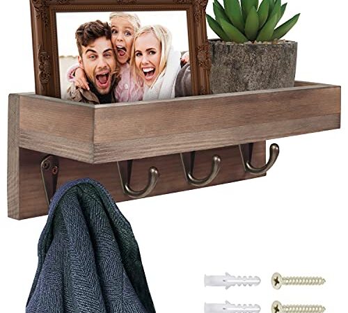 Belle Vous Estantes de Madera para Pared con 4 Ganchos – 25,5 cm de Largo – Repisa Recibidor Colgador Llaves, Abrigos, Sombreros – Estanteria Habitacion, Cocina, Baño, Pasillo – Repisa Flotante