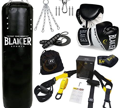 BLAICER Saco de Boxeo sin Relleno Equipado con Guantes de Boxeo, Cuerda Saltar, Vendas de Boxeo, Cadena, Soporte y Sistema de Entrenamiento en Suspensión | Completo Kit para Gimnasio en Casa (Negro)