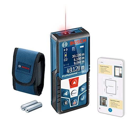 Bosch Professional Medidor Láser de Distancia GLM 50 C, Transmisión de Datos Bluetooth, Sensor de Inclinación de 360°, Máx. Distancia 50 m, 2 Pilas de 1.5 V, Funda, Amazon Exclusive