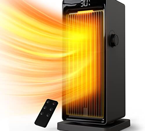 Calefactor 2000W, ECO Calefactor bajo consumo cerámico, PTC, 90°Oscilación, Temporizador 24h, Termostato, Rejilla ajustable, Protección contra Sobrecalentamiento y Vuelco, 3 Modo, Calentador, hogar