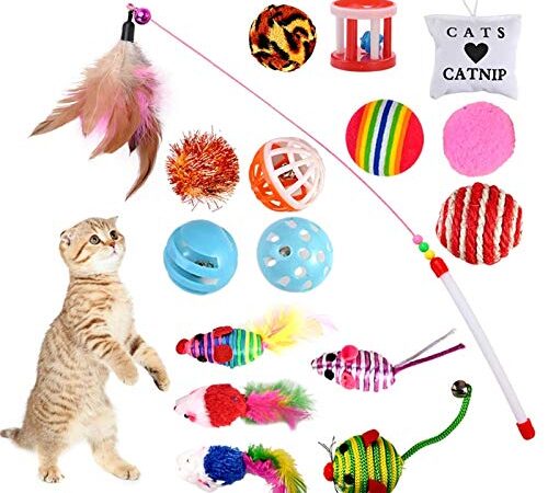 GOLDGE 16 Piezas Juguetes para Gatos, Juguete Interactivo con Plumas para Gatos, Ratóns y Bolas Varias para Gatos