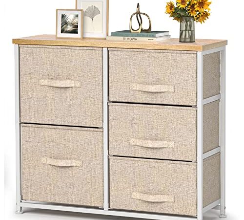 Pipishell Cajonera para Armario, Cómoda Dormitorio 5 Cajones, Cajones de Tela con Parte Superior de Madera, Cajas organizadoras para armarios, Dormitorio, Cuarto de bebé, Pasillo (Beige)