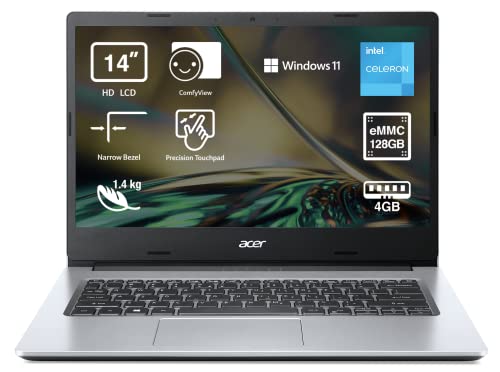 Acer Aspire 1 A114-33 - Ordenador Portátil 14” HD LED (Intel Celeron N4500, 4 GB RAM, 128 GB eMMc, Intel UHD Graphics, Windows 11 S) Color Plata - Teclado QWERTY Español