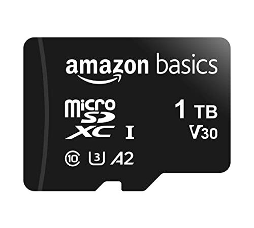 Amazon Basics - microSDXC, 1 TB, con adaptador SD, A2, U3, velocidad de lectura de hasta 100 MB/s, negra