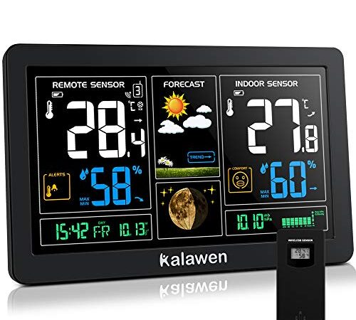 Kalawen estacion meteorologica interior exterior con sensor digital estación meteorológica 10 en 1 Pantalla digital LCD Colorida contermómetro Higrómetro Fase Lunar Reloj Snooze Pronóstico Tiempo