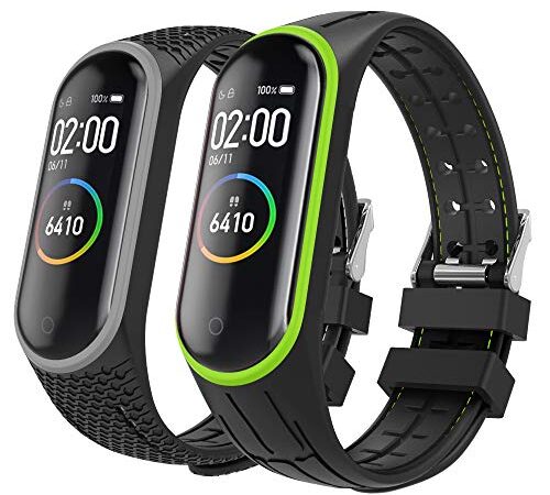 MoKo 2-Pack Correa Compatible con Xiaomi Mi Band 4/Mi Band 3, Pulsera de Silicona, Correa de Reloj Deportivo, Banda de Reloj de Repuesto - Gris + Verdoso