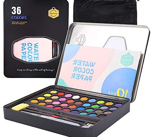 mreechan Set de Pinturas de Acuarela,Caja de Acuarela,Set de Acuarelas de 36 Colores de Agua,Incluye 36 Colores,10 Papeles de Acuarela,3 Pinceles de Agua y 1 Esponja para Principiantes y Profesionales