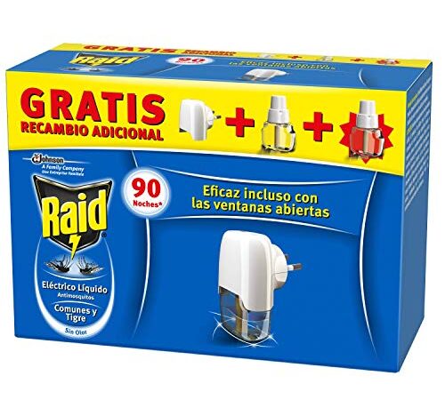 Raid Eléctrico Anti Mosquitos Comunes y Tigre 90 Noches con Aplicador y 2 Recambios - 200 gr, Blanco