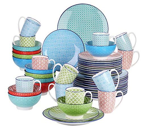 vancasso Serie Macaron Vajillas de Porcelana 48 pcs Pintados a Mano de Estilo Japonés, Platos de Cena, Postre, Tazas, Cuencos, Juego de Vajillas Completas, para 12 Personas