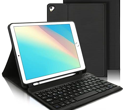 AVNICUD Teclado con Funda para iPad 9.7 2018/2017, iPad Air 2/1, iPad Pro 9.7, iPad 6ª/iPad 5ª Generación, Teclado Desmontable Bluetooth Español Funda con Cubierta Magnética Delgada, Negro