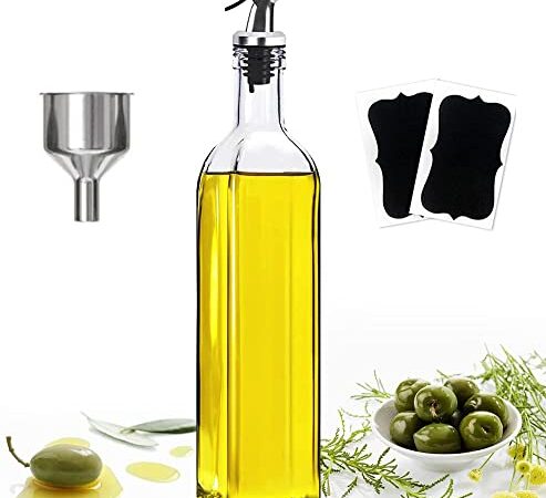 Botella Aceitera Antigoteo de aceitera y vinagrera de Vidrio con Pico Vertedor Dispensador de Aceite de Oliva con Tapón Anti-suciedad Y pegatinas , para Cocina y Barbacoa,500ml