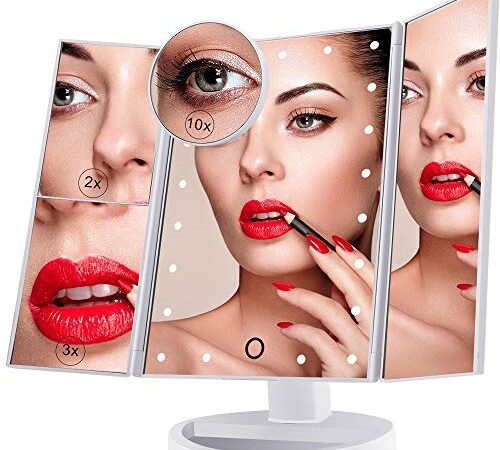 Espejo de Maquillaje Iluminado, 21 Luces LED Espejo Cosmético de Tocador, Pantalla Táctil de Aumento Tri-Fold 2X 3X 10X de Aumento, Rotación Libre de 180 °, Fuente de Alimentación Dual Blanco