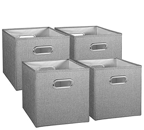 JYPS Paquete de 4 cubos de almacenamiento plegables con asas dobles, cubos de almacenamiento de ropa de tela de lino lavables, cajas de almacenamiento plegables para juguetes, estantes, ropa