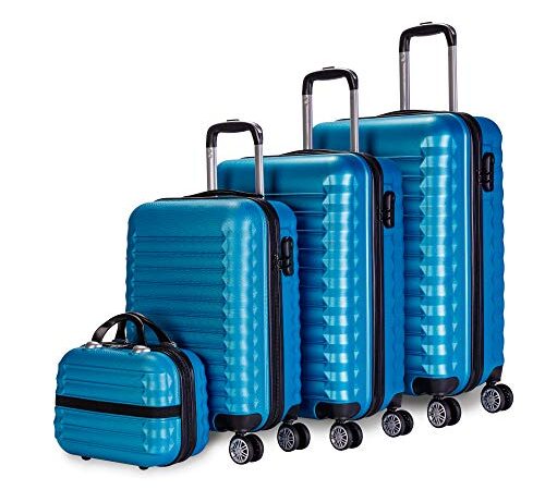 NUMADA-Juego de Maletas Rígidas 4pzs. Mod. Newteck Maleta Cabina 53cm, M. Mediana 63cm, M. Grande 75cm y Neceser. Set de Maletas de Viaje ABS Eco Friendly, 4 Ruedas Dobles, Cierre Combinación (Azul)