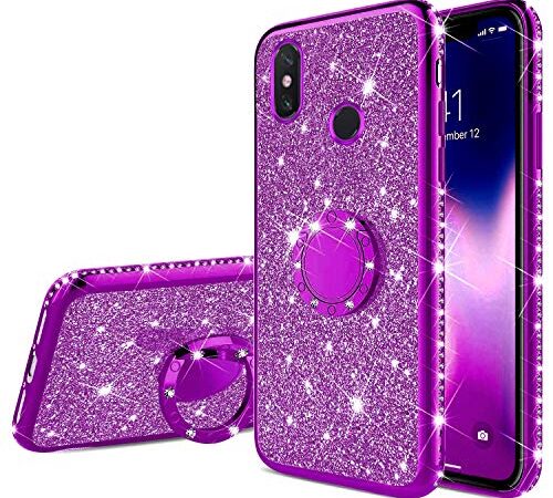 Uposao Funda Compatible con Xiaomi Mi MAX 3 Funda Bling Glitter Brillante Brillo Funda [ 360 Grado Anillo Soporte ] TPU Suave Silicona Flexible Hybrid Shockproof Funda Case Caja Carcasa,Morado