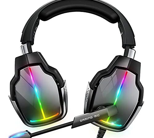 Cascos Gaming PS4, Auriculares Gaming con Giratorio de 90° y 4 Modos de Iluminación RGB, Transductores 50mm, Micrófono con Premium Estéreo, Compatibles con PS4, PS5, Xbox One, PC, Switch