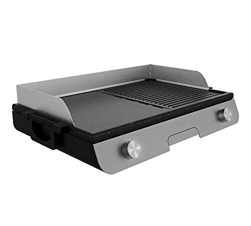 Cecotec Barbacoa Eléctrica de Sobremesa PerfectRoast 3000 Inox. 3000 W, Superficie de cocinado Mixta, Revestimiento Antiadherente Rockstone, Termostato regulable, Bandeja recogegrasas