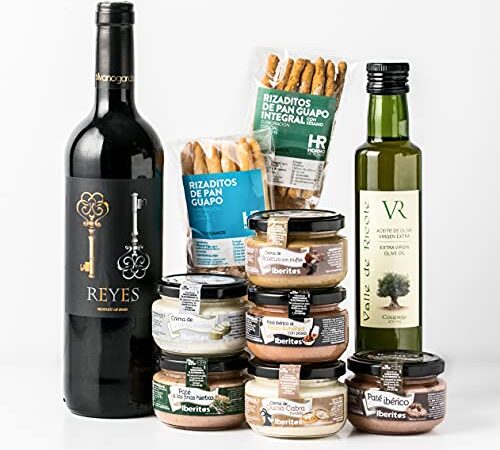 Cesta Gourmet Regalo - Lote Gourmet con Patés y Cremas de Queso - Vino Tinto Reyes, Pack de Pates y Cremas de Queso, Aceite de Oliva y Rizaditos de Pan Guapo - Pack Gourmet Caja Regalo para Picoteo