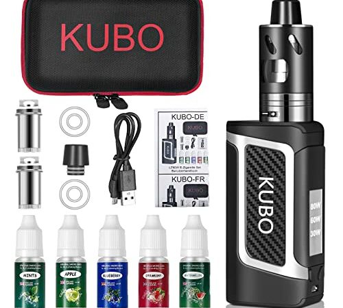 Cigarrillo electrónico Kit Cigarro electrónico y 5x10 ml E líquido 80W Mod con 0,5 Ohm/ 3 ml Atomizador 2000 mAh Batería Vape, Pantalla LED de vatio ajustable 0,0mg nicotina E Cigarette LZ80W - Negro