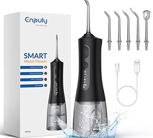 ENPULY Irrigadores Bucales Portatil, 300ML Irrigador Dental Oral Viaje, 2000mAh Batería Irrigador Bucal 40 Días De Uso Con Una Carga De 4,5 Horas, Irrigador Para Sarro 5 Modos y 5 Boquillas