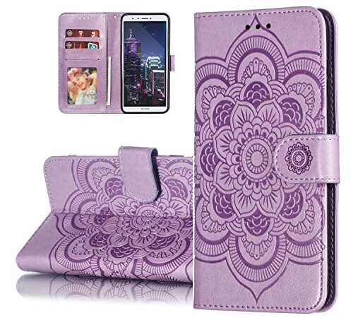 HMTECH Carcasa Huawei Mate 20 Lite,Funda Huawei Mate 20 Lite Flor de Mandala en Relieve Carcasa de Tipo Libro con Ranuras para Tarjetas de Soporte y Solapa con Cierre magnético Case,LD Mandala Purple