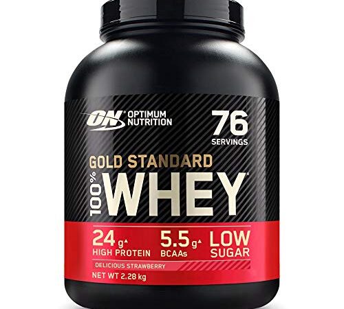 Optimum Nutrition Gold Standard 100% Whey Proteína en Polvo, Glutamina y Aminoácidos Naturales, BCAA, Fresa Deliciosa, 76 Porciones, 2,28kg, Embalaje Puede Variar