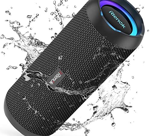 RIENOK Altavoz Bluetooth 5.3 Altavoz Inalámbrico Portátil Impermeable IPX7, Bass, Sonido Estéreo, Apoya Micro SD AUX