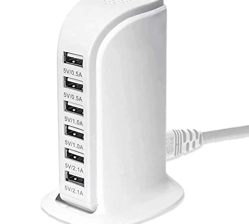 SCCVEE Cargador USB, estación de carga USB de 30 W y 6 puertos, concentrador USB, cargador de pared USB compatible con iPhone 12/13/11/Samsung S22/S21/S20/iPad/Xiaomi/Huawei/Oppo/Tablet, etc. (blanco)