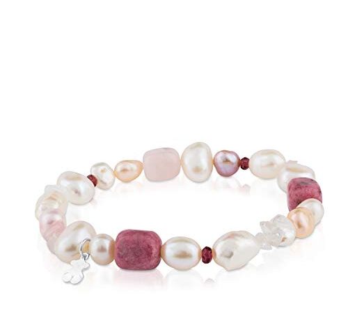 TOUS Pulsera de Perlas, Granate, Rodonita y Cuarzo para Mujer con Motivo de Oso en Plata de Primera Ley, 17,5 cm de Largo, Elegante y Clásica, Colección Pearl