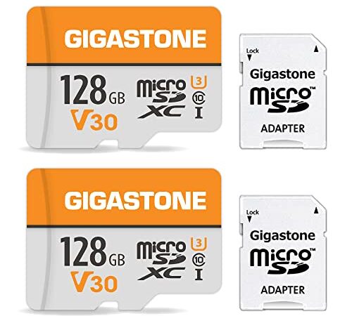 Gigastone Tarjeta de Memoria Micro SD 128GB, Paquete de 2, Vídeo 4K UHD, Cámara de Vigilancia y Seguridad, Cámara de Acción, Drone Profesional, 95MB/s Micro SDXC UHS-I A1 Clase 10