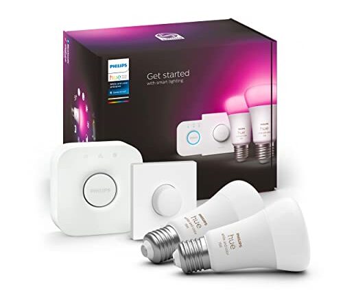 Philips Hue - Bombilla Inteligente, A60 E27, Luz Blanca y de Colores, 10. 5W, Compatible con Alexa y Google Home - Pack de 2 Bombillas LED inteligentes + Botón Inteligente + Hue Bridge, 929002468806