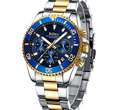 Relojes para Hombre cronógrafo de Acero Inoxidable Impermeable Fecha Reloj de Cuarzo analógico de Negocios Casual Moda Relojes para Hombres, Oro Azul B, Pulsera