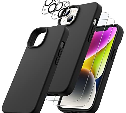 JETech [3 en 1] Funda Silicona para iPhone 14 6,1 Pulgadas, con 2 Protector Pantalla y 2 Protector Lente Cámara, Cristal Vidrio Templado Cobertura Completa, Carcasa Antigolpes (Negro)