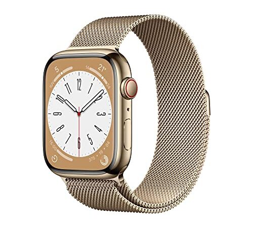 Apple Watch Series 8 (GPS + Cellular, 45mm) Reloj Inteligente con Caja de Acero Inoxidable en Oro - Pulsera Milanese Loop en Oro. Monitor de entreno, Resistencia alagua