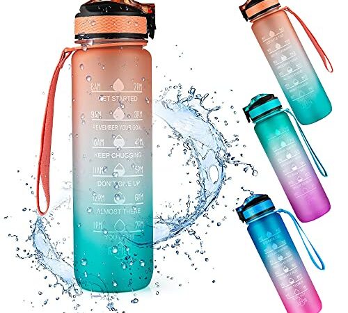 Weinsamkeit Botella de Agua Deportiva, 1000ML Botella Agua Tritan sin BPA con Marcador de Tiempo Motivacional, 1 Litro Water Bottle para Gimnasio, Entrenamiento, Viajes, Oficina, Escuela (Orange)