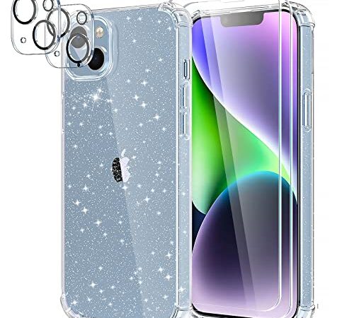 YIRSUR Funda Compatible con iPhone 14 Plus Glitter, con 2 Pack Cristal Templado y 2 Pack Protector de Lente de Cámara, Transparente Brillante Carcasa Silicona TPU Airbag Anti-Choque Case