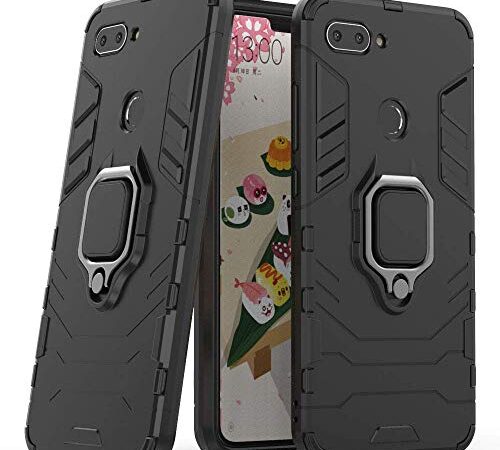 Compatible con Xiaomi Mi 8 Lite Funda, Anillo Metálico Sujeción Soporte Antichoque Rígido Caja (Funciona con el Montaje de Coche Magnético) Doble Capa Sólido Case Carcasa para Xiaomi Mi8 Lite (Negro)