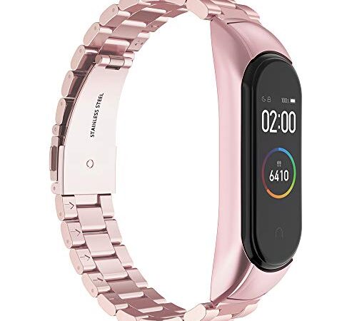 GeeRic Banda Compatible para Xiaomi Mi Band 4, de Acero Inoxidable Cuentas Reemplazo de Mujeres y Hombres, de Metal Correa Compatible para Xiaomi Mi Band 4 Rosa