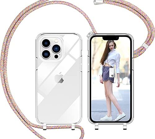 Nupcknn Funda Silicona con Cuerda para iPhone 13 Pro, Carcasa Suave Silicona Case con Correa Colgante Ajustable Collar Correa de Cuello Cadena Cordón 1.5M (Arcoíris, 6.1")