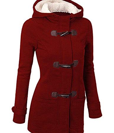 GHYUGR Abrigos con Horn Botones Mujer Invierno Elegantes Slim Chaqueta con Capucha Lana Capa Jacket Sudadera Pullover Outwear Parka,Vino Tinto,XXL