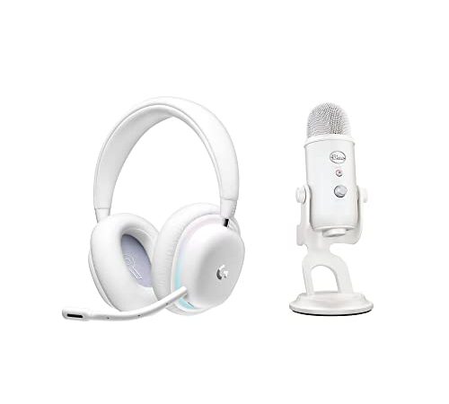 Logitech G, Combinación de auriculares inalámbricos con micrófono G735 para gaming y micrófono USB premium Blue Yeti para streaming con temas de Streamlabs, PC/ Mac, Blanco Mist