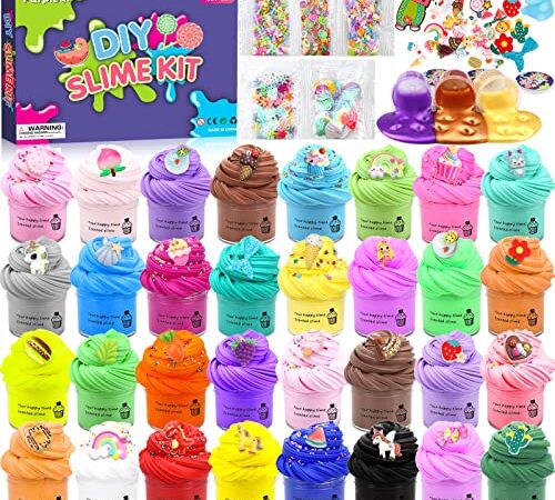 Purpledi 35 Kits de Fluffy Butter Slime, Slime para niñas y niños, Incluye Abalorios de Limo de Helados de Frutas, etc, súper elástico y Antiadherente, Juguete para aliviar el estrés