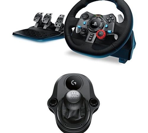 Logitech G G29 Volante y Pedales de Carrera, Force Feedback, para PS5, PS4, PC y MAC y Palanca de Cambio para Volante, 6 Velocidades, Marcha Atrás a Presion, Acero y Cuero auténtico