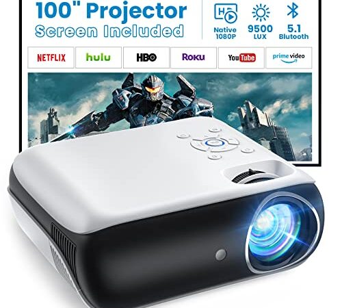 Proyector Bluetooth, 1080P Nativo 9500L Proyector Portátil 4K Soporte, [Pantalla de Proyector Incluida] Mini Proyector Casa Cine para Smartphone/PC/TV Stick/PS5/XBOX